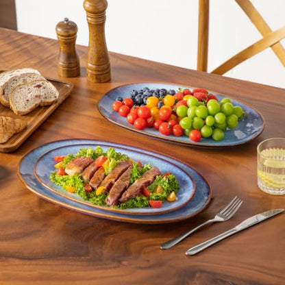 vancasso Ceramic Serving Platters Set of 3, Oval 16/14.7/13.5 Inch Stoneware Serving Dishes for Entertaining, Microwave Safe Serving Trays for Food, Turkey, Cheese, Party, Reactive Glaze Blue - color: Blue