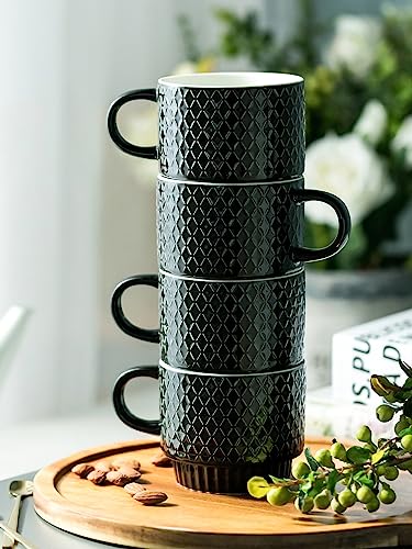 LYEOBOH Stackable Coffee Mugs Set of 4 with Rack & Spoons Coffee Mug Set 13 OZ., Ceramic Embossed Grinding Demitasse Cups Set Cappuccino Cup Halloween for Coffee, Latte, Macchiato, Espresso, Black - color: Black