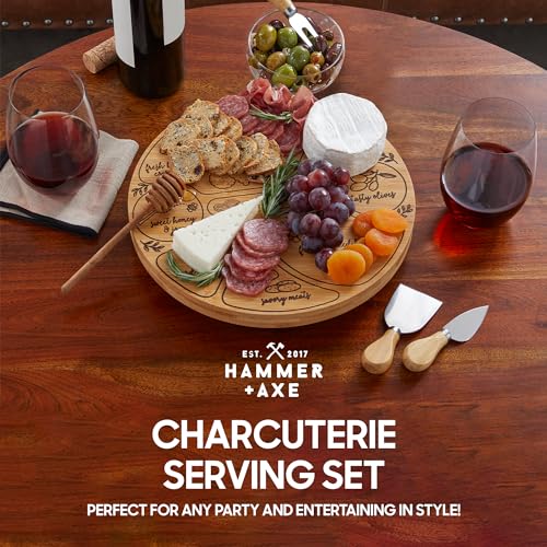 Hammer + Axe Charcuterie Board Set, Round Lazy Susan Bamboo Tray with 3 Cheese Cutter Accessories, Wooden Meat & Cheese Board, Housewarming Gift