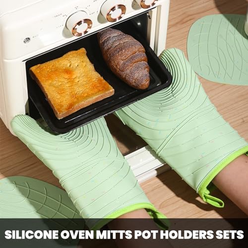4 Pieces Oven Mitts and Pot Holders of Macaron Color Thickened Non-Slip Silicone Kitchen Gloves, Heat Resistant up to 500F, Essential for Kitchen Baking(makal-lv) - color: Silicone-green