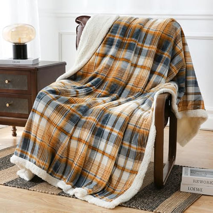 PU MEI Sherpa Blanket Twin Plaid Thick Bed Blanket, 60”*80” Super Soft Flannel Fuzzy Fleece Reversible Velvet Plush Warm Blanket for Couch (Blue Yellow Check) - color: Blue Yellow Check, size: 60"*80"