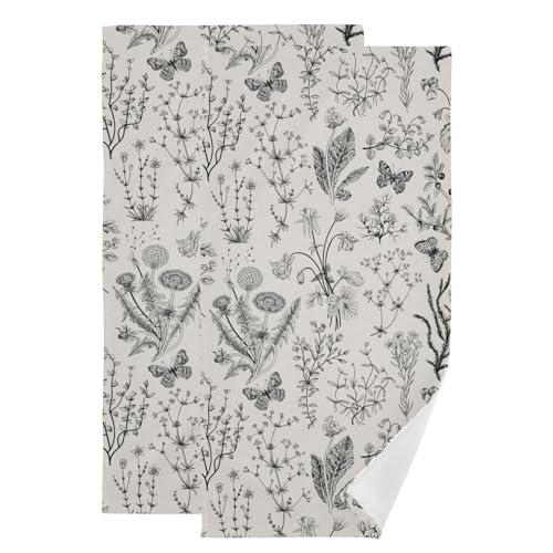 2 Pack Black Grey Wildflower Plant Hand Towels for Bathroom,Absorbent Vintage Gray Butterfly Fern Floral Fingertip Guest Decorative Bath Towels,Soft Dish Towels for Kitchen Decor 14"x28" - color: Black Grey