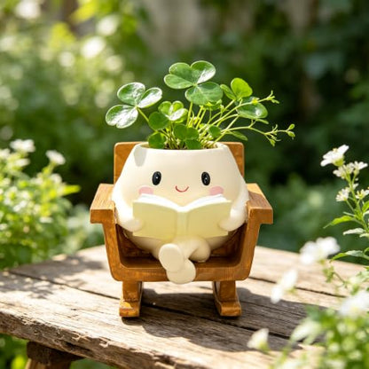 Cute Rocking Chair Smiley Face Planter Pot for Indoor Outdoor | Unique Book Garden Plant Pots with Drainage, Funny Succulent Flower Pot Decorative, Mother Gifts for Birthday, Christmas