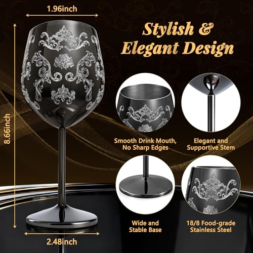 Lifecapido Stainless Steel Wine Glasses Set of 2, 18oz Etched Black Wine Goblets, Unique Wine Glasses with Intricate Baroque Engravings for Party Wedding Anniversary - color: Black