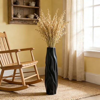 Black Tall Ceramic Floor Vase, 24 Inch, Pleated Wave Design | Matte Finish, Living Room, Fireplace, Entryway, Pampas Grass - size: 24 Inch