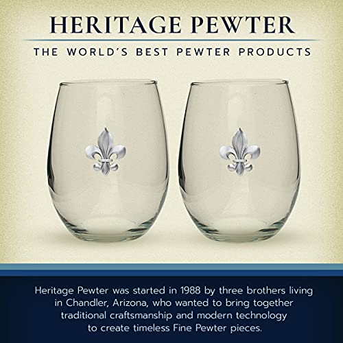 Heritage Pewter Fleur de Lis Stemless Glass Goblets – Set of 2 | 15 OZ Goblet Wine Glasses | Expertly Crafted Pewter Glass - style: Fleur de Lis