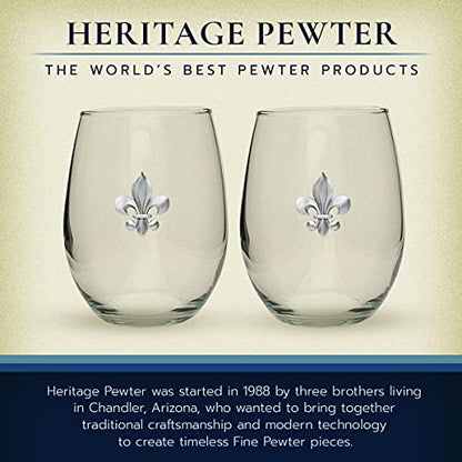 Heritage Pewter Fleur de Lis Stemless Glass Goblets – Set of 2 | 15 OZ Goblet Wine Glasses | Expertly Crafted Pewter Glass - style: Fleur de Lis