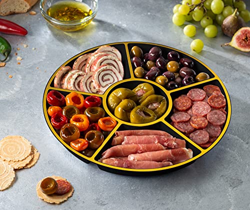 Plasticpro 6 Sectional Round Plastic Serving Tray/Platters Black & Gold Pack of 4 - color: Black & Gold