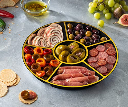 Plasticpro 6 Sectional Round Plastic Serving Tray/Platters Black & Gold Pack of 4 - color: Black & Gold