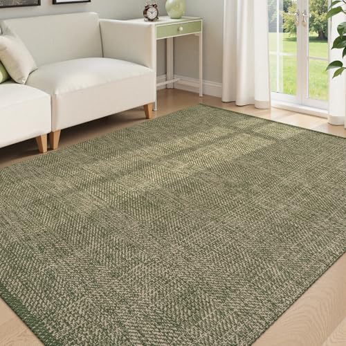 5x8 Boho Living Room Rugs, Washable Woven Modern Bedroom Area Rug | Green Natural Cotton Braided Floor Carpet for Dining Room Nursery, Outdoor Area Rug for Patio Balcony Decor - color: Green/Tan, size: 5' x 8' (Rectangular)