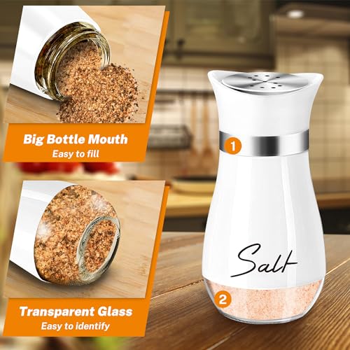 Salt and Pepper Shakers - 4 oz White and Black Glass Set with Steel Lids | Refillable Glass Shakers with Stainless Steel Lids for Cooking, Dining, RV Trips, Camping And BBQs; 4 oz Capacity Each. - color: White + Black