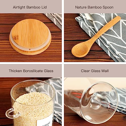 HHMJSM 6 Pcs Glass Jar with Bamboo Lid and Spoon - 17 oz Large Sugar Container with 148 Kitchen Pantry Spice Jar Labels Preprinted - Glass Containers with Wooden Lids Hold Coffee, Tea, Candy - color: 17oz