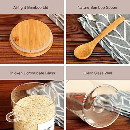 HHMJSM 6 Pcs Glass Jar with Bamboo Lid and Spoon - 17 oz Large Sugar Container with 148 Kitchen Pantry Spice Jar Labels Preprinted - Glass Containers with Wooden Lids Hold Coffee, Tea, Candy - color: 17oz