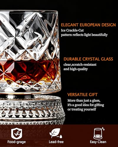 CEEFU 360° Spinning Whiskey Glasses Set with Gift Box, Set of 2 | Old Fashioned with Rotating Base - 2 Big Ice Ball Molds - Bourbon, Cocktail, Rocks, Bday Gifts Ideas for Men, Ice Crackle - size: 9.5 oz-Ice Crackle Pattern