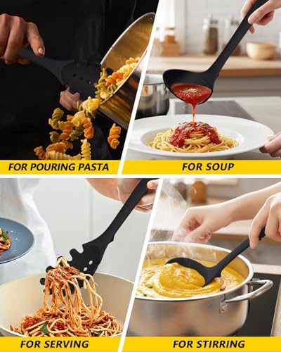 Silicone Pasta Fork and Soup Ladle Set, Heat Resistant Non Stick Kitchen Utensils with Back Hooks, Suitable for Cooking, Stirring, Serving Spaghetti, Soup, Sauce (BLACK) - color: Black