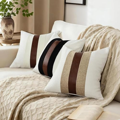 Boucle Pillow Covers with Faux Leather Accents 18"x18" Set of 2, White and Khaki Decorative Pillow Covers with Faux Linen Patchwork Modern Farmhouse Cushion Covers for Couch Sofa Bed Home | Set of 2 Modern Brown Faux Leather Pillow Covers, Boho Farmhouse