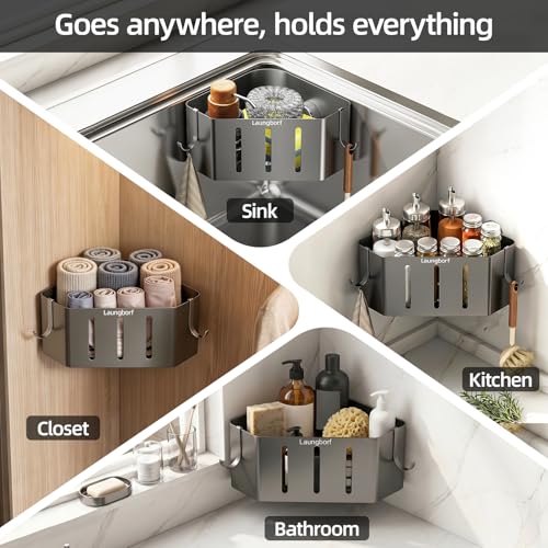 Kitchen Sink Sponge Holder, Gray (1 Pack) | Rustproof carbon steel with fast drainage holes, 2 stainless hooks & 4 pads. No-drill adhesive triangle for corner sink - size: Triangle Kitchen Sink Sponge Holder