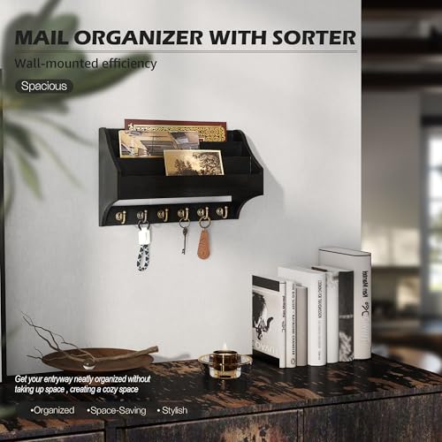 Rebee Vision Mail Organizer Wall Mounted with 6 Key Hooks, Black | Pine Wood, Key Holder Wall Mount, Hanging Mail Holder for Wall, 3-Tier Letter Slots, key Hanger, Apartment Rustic Aesthetic - color: Black
