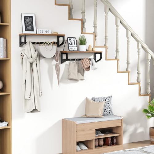 Coat Rack Wall Mount, Wood Wall Shelf with Hooks, Coat Hanger Wall Mount with 4 Metal Hooks, Wall Mounted Coat Rack Organizer for Entryway, Bedroom, Living Room, Room Decor, Brown 2 Pack - size: 33.8 inch-2 pack
