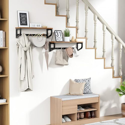 Coat Rack Wall Mount, Wood Wall Shelf with Hooks, Coat Hanger Wall Mount with 4 Metal Hooks, Wall Mounted Coat Rack Organizer for Entryway, Bedroom, Living Room, Room Decor, Brown 2 Pack - size: 33.8 inch-2 pack