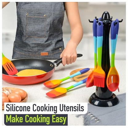 11-Piece Rainbow Silicone Spatula Bundle with Holder & Measuring Spoons – Multicolor Heat-Resistant Cooking Utensils for Nonstick Cookware – Flexible Turner, Spoon, Spatula, Brush, FDA Safe