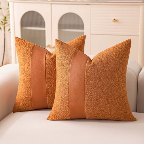 Pack Of 2 Tobacco Boucle Pillow Covers 18x18 Inch Textured Faux Leather Decorative Throw Pillows For Couch, Cozy Soft Solid Boho Fluffy Accent Pillowcases For Bed Chair Living Room Home DéCor - color: Tobacco