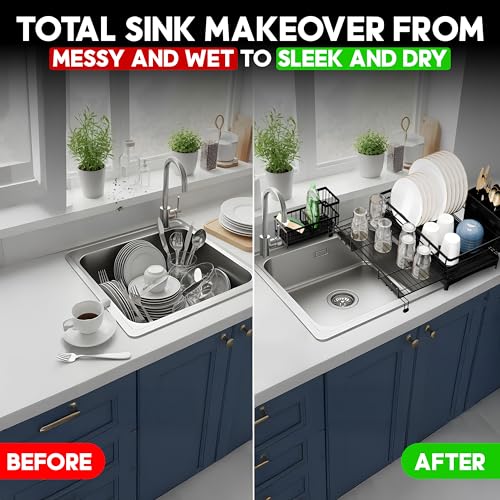 2 IN 1 Expandable Dish Drying Rack plus Sponge Organizer, Stainless Steel Drying Rack with Drainer Plate, Kitchen Countertop Organizer Space Saving Utensil Holder, Scratch Resistant and Rust-Proof