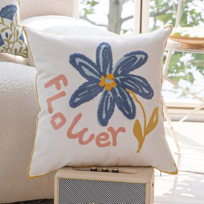 YIcabinet Pillow Covers Set of 2, Embroidered Blue Flower Pattern Throw Pillow Cover,Square Cotton Cushion,Pillow Case for Sofa Bedroom Couch,18"x18" - color: Blue18