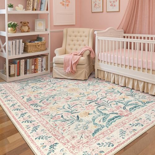 Wonnitar Pink Rugs for Nursery, 5x7 Washable Rug for Bedroom Girls, Boho Soft Floral Carpet Non Slip, Indoor Ultra-Thin Floor Carpet for Baby Kids Room Living Room Dorm Decor - color: Pink, size: 5' x 7' (Rectangular)
