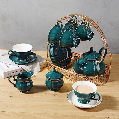 CHENP.HMC Tea Set 22-Piece Porcelain Ceramic Coffee Tea Sets Cups Saucer Service for 6 Teapot Sugar Bowl Creamer Pitcher and Teaspoons Porcelain Tea Set (Dark Green) - color: Dark Green