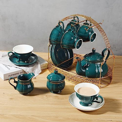 CHENP.HMC Tea Set 22-Piece Porcelain Ceramic Coffee Tea Sets Cups Saucer Service for 6 Teapot Sugar Bowl Creamer Pitcher and Teaspoons Porcelain Tea Set (Dark Green) - color: Dark Green