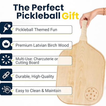 Pickleball Charcuterie & Cutting Board, Pickleball Gift, Party Size - 22.5 x 5.5 x 0.75”, Birch Wood, Paddle Shape with Handle, Mineral Oil Finish - size: 22.5"L x 12.8"W