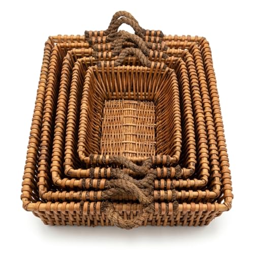 Wicker Nesting Baskets with Handles, Natural Brown, Willow, Farmhouse Style, Set of 5, Multi-Purpose Home Organizer