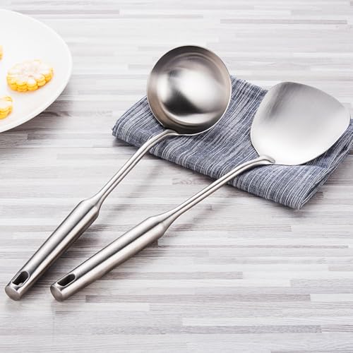 304 Stainless Steel Cooking Utensils Set 4 Piece 15 Inch Large Size Metal Kitchen Utensils Set Including Spatula,Ladle,Serving Spoon,Meat Fork,Stainless Steel Cooking Tools - size: 4 Piece utensils(spoon and fork set)