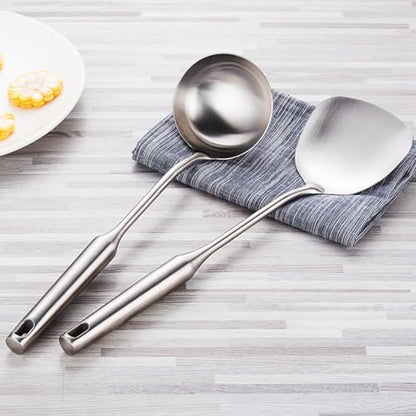 304 Stainless Steel Cooking Utensils Set 4 Piece 15 Inch Large Size Metal Kitchen Utensils Set Including Spatula,Ladle,Serving Spoon,Meat Fork,Stainless Steel Cooking Tools - size: 4 Piece utensils(spoon and fork set)