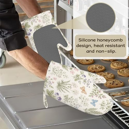 Wildflower Floral Botanical Oven Mitts and Pot Holders Sets Silicone Butterfly Kitchen Mitts Potholders Heat Resistant 4Pcs Oven Gloves Hot Pads for Kitchen Baking Cooking - color: Wildflower Floral Botanical