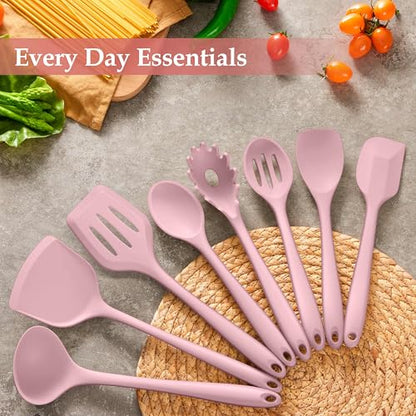 LIANYU Pink Silicone Cooking Utensils Set of 8, Non-Toxic Kitchen Utensils | Include Spatulas Spoons, Heat Resistant Non-Scratch Kitchen Tool, Healthy & Dishwasher Safe - color: Pink