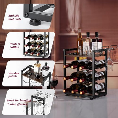facka Wooden Countertop Wine Rack with Tray, Freestanding Wine Bottle Holder for 9 Bottles & 2 Glasses, Rustic Wine Stand for Home, Bar, Kitchen, Wine Cellar
