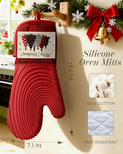 Slohif Long Silicone Oven Mitts Heat Resistant for Women - 2 Pcs Christmas Tree 100% Cotton Oven Gloves, Non-Slip and Waterproof Silicone Oven Mitts with Hanger for Baking and Cooking - color: Red