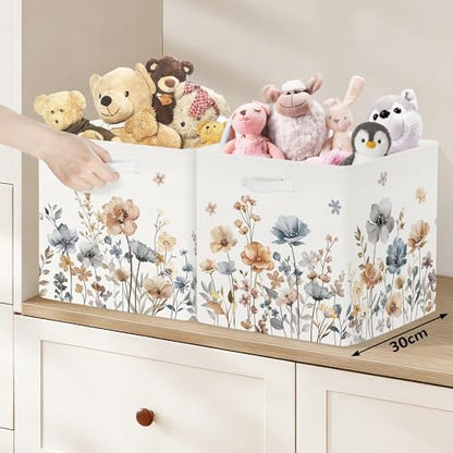 Clastyle 11.8" Flower Storage Basket Set of 3 for Kid Women Toy Clothes Bin | Collapsible Fabric Book Bin, Metal Frame Bottom Board, Cube Organizer, Closet Nursery Pantry Shelf Bedroom, Boho Meadow - color: Brown