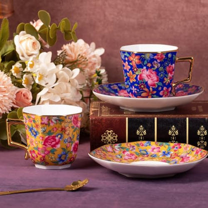 KAMMAK Tea Cup and Saucer, Ceramic Coffee Cups, 4.4 oz, Set of 2 | Porcelain Tea Cups with Saucers for Coffee and Cappuccino, Ideal for Breakfast, Afternoon Tea and Entertaining,647+648N - style: 647N+648N