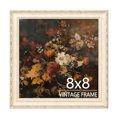 8x8 Picture Frame Cream Ivory Vintage Wood Texture with Golden Floral Beaded Ornament, Antique Decorative Photo Frame for Wall Gallery Living Room Bedroom Office, 1 Pack - color: Cream Ivory, size: 8x8 - 1 Pack