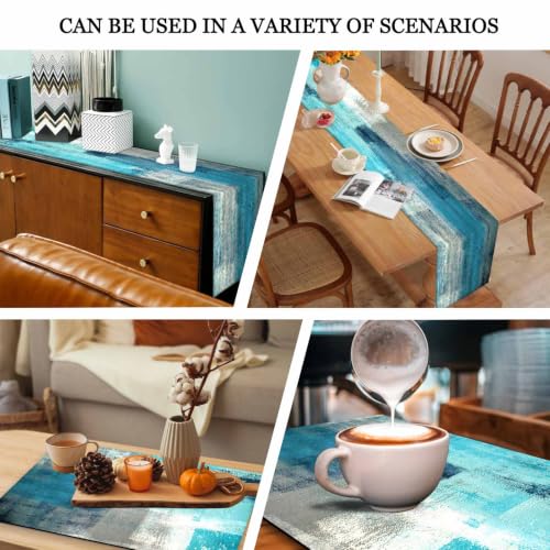 Mcalk Farmhouse Turquoise Table Runner and Placemats Set of 6 Pieces,Teal Turquoise Placemats Modern Art,Blue Grey Abstract Art Cloth Place Mats for Kitchen,Linen Material for Dining Table - color: 01turquoise
