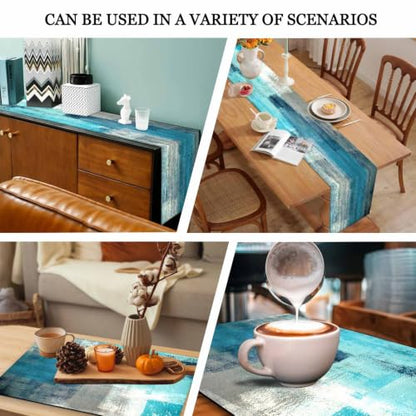 Mcalk Farmhouse Turquoise Table Runner and Placemats Set of 6 Pieces,Teal Turquoise Placemats Modern Art,Blue Grey Abstract Art Cloth Place Mats for Kitchen,Linen Material for Dining Table - color: 01turquoise