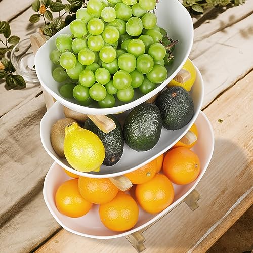 Seven Sparta 3 Tier Fruit Bowl for Kitchen Counter (PLUS Series) / Ceramic Serving Bowls with Bamboo Stand/Big Size Tiered Fruit Basket for Fruit Vegetable Storage, Dessert, Salad Buffet Server - style: PLUS edition