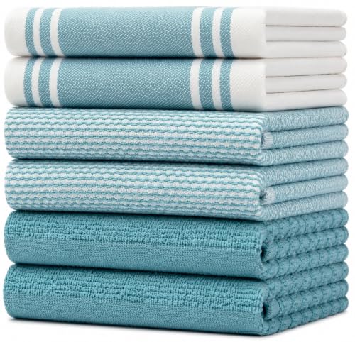 Premium Kitchen Towels 6 Pack 100% Cotton 20"x28" Dish Towels - Aqua Wide | Large Flat & Terry Kitchen Linen Set with Hanging Loops, Highly Absorbent for Washing and Drying Dishes - color: Aqua Wide Stripe, size: Kitchen Towels - Mixed Styles