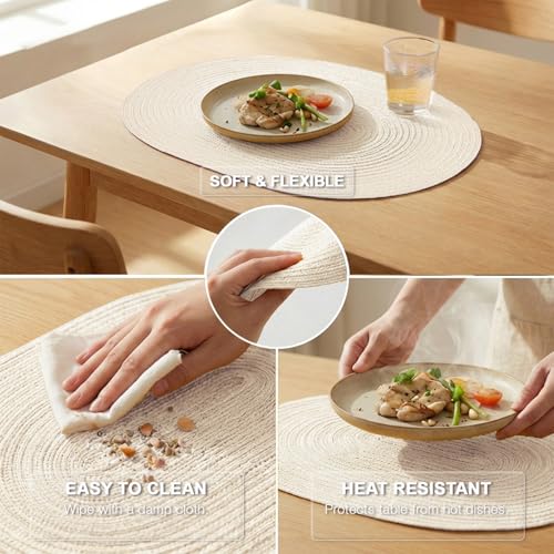 Placemats Set of 6, Woven Oval Braided Dining Table Mats(Cream White) | 12 x 17.5 Inch Size Fits Plates and Flatware; Hand Washable and Heat Resistant for Kitchen Use, with Farmhouse and Boho Style - color: Solid Beige White, size: 6 pcs