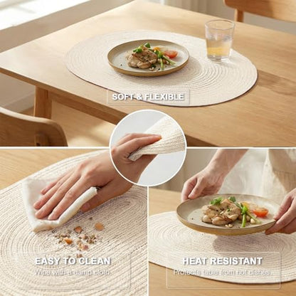 Placemats Set of 6, Woven Oval Braided Dining Table Mats(Cream White) | 12 x 17.5 Inch Size Fits Plates and Flatware; Hand Washable and Heat Resistant for Kitchen Use, with Farmhouse and Boho Style - color: Solid Beige White, size: 6 pcs