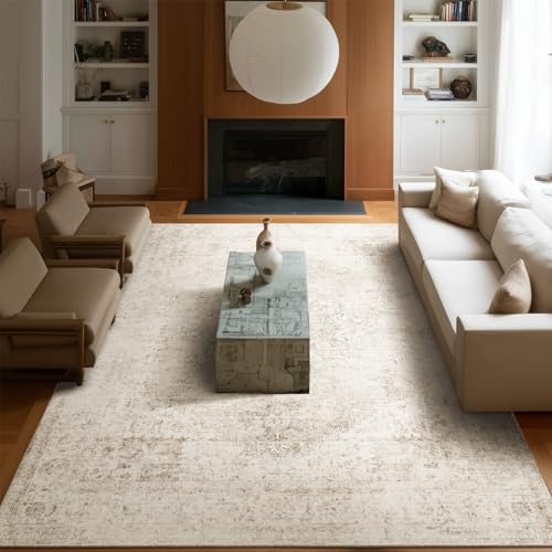 Machine Washable Rugs for Living Room: 8x10 Area Rugs for Bedroom | Ultra Soft,Non-Slip,Low Pile,Vintage Distress,Boho,Large,Carpet,High-Traffic,Dining Room,Nursery,Farmhouse Decor - color: Beige/Light Brown/Multi, size: 8' x 10' (Rectangular)