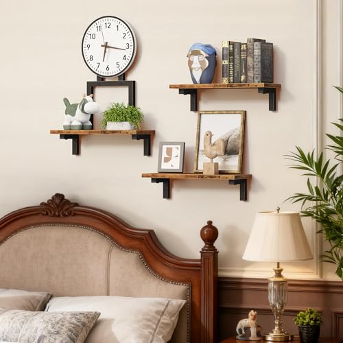 Floating Wall Shelves Set of 3 with Clock, 15 Inch | Wood Shelves, Rustic Finish, Wall Mounted, Storage Display, Farmhouse Style, Living Room, Bedroom, Bathroom, Kitchen